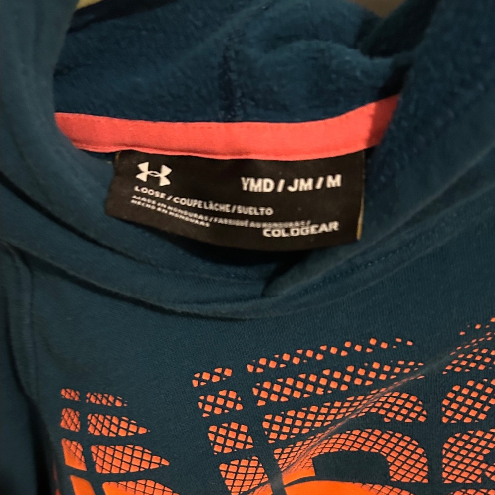 Boys size M hoodie Under Armour Dark Teal Hoodie with Vibrant Orange Accents - Picture 2 of 3
